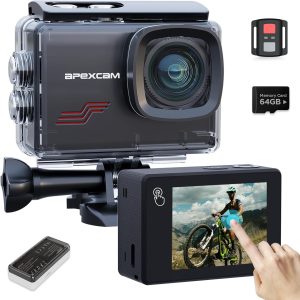 Apexcam Action Camera 4K Touch Screen, 131FT Waterproof Camera Underwater, 60FPS 64MP Sports Camera Helmet for Vlog, 170 ° WiFi Camcorder, 8X Zoom, Remote Control, 64GB Card,Mount Accessories
