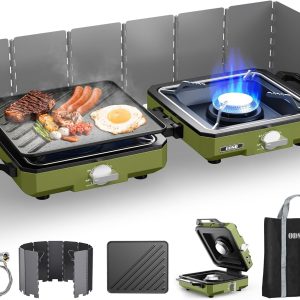 ODSD 2 Burner Camping Stove with Windshield, 20000 BTU Propane Camp Stove, Portable Folding Gas Stove, Camping Essentials Gears Includes Frying Pan, Coffee Stand & Carry Bag, Green